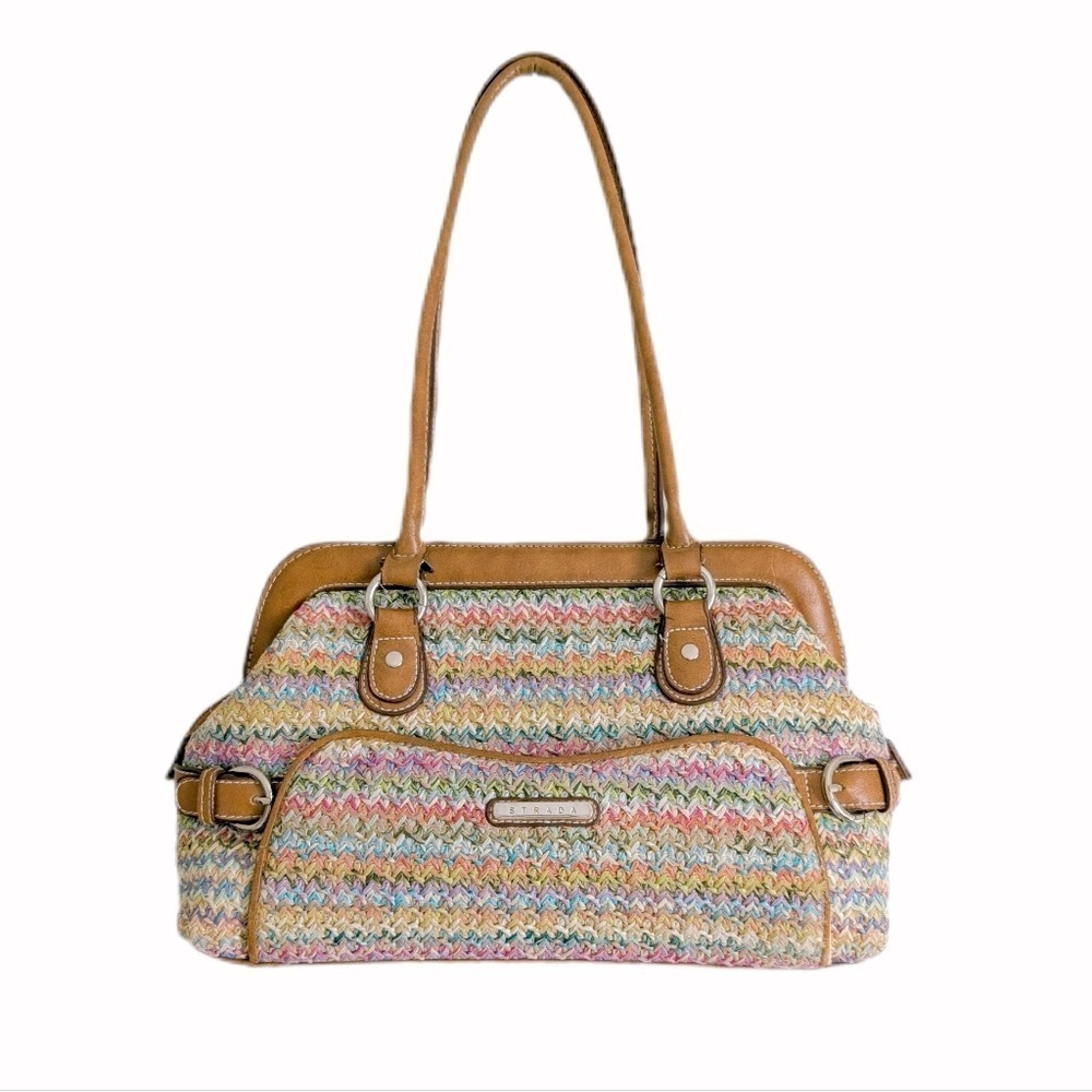 Strada Y2K Missoni Style Zig Zag Multi-Color Pastel Woven Raffia Shoulder Bag